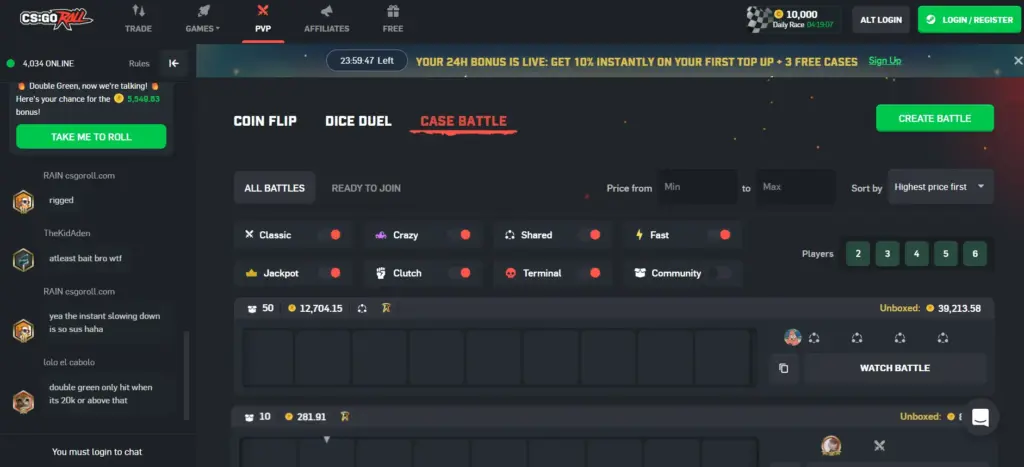 CSGORoll coinflip, dice duel, and case battles