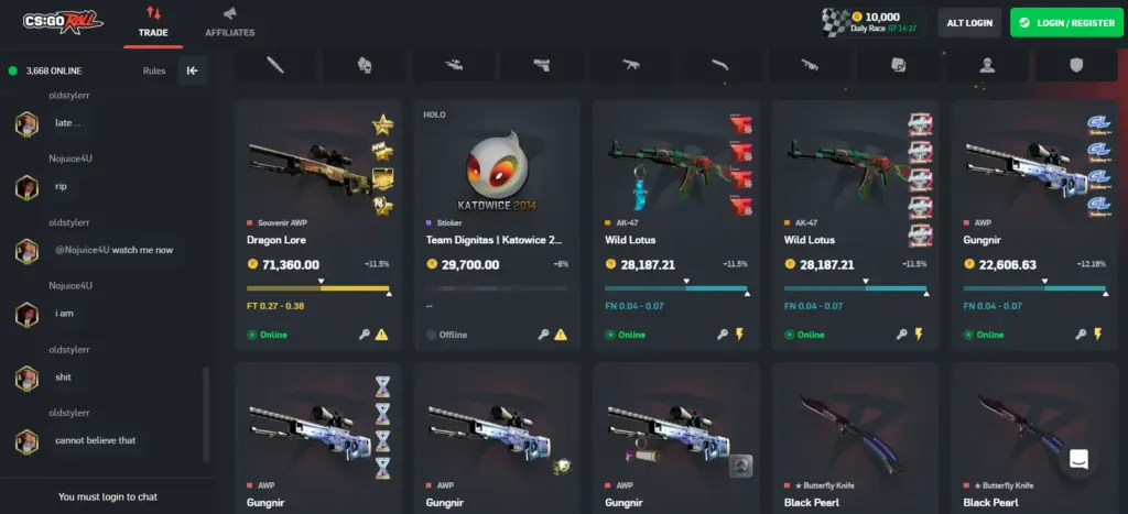 CSGORoll crash and trade section